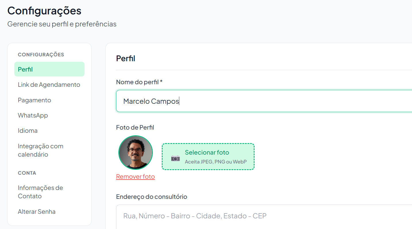 Tela de configurações do Citami